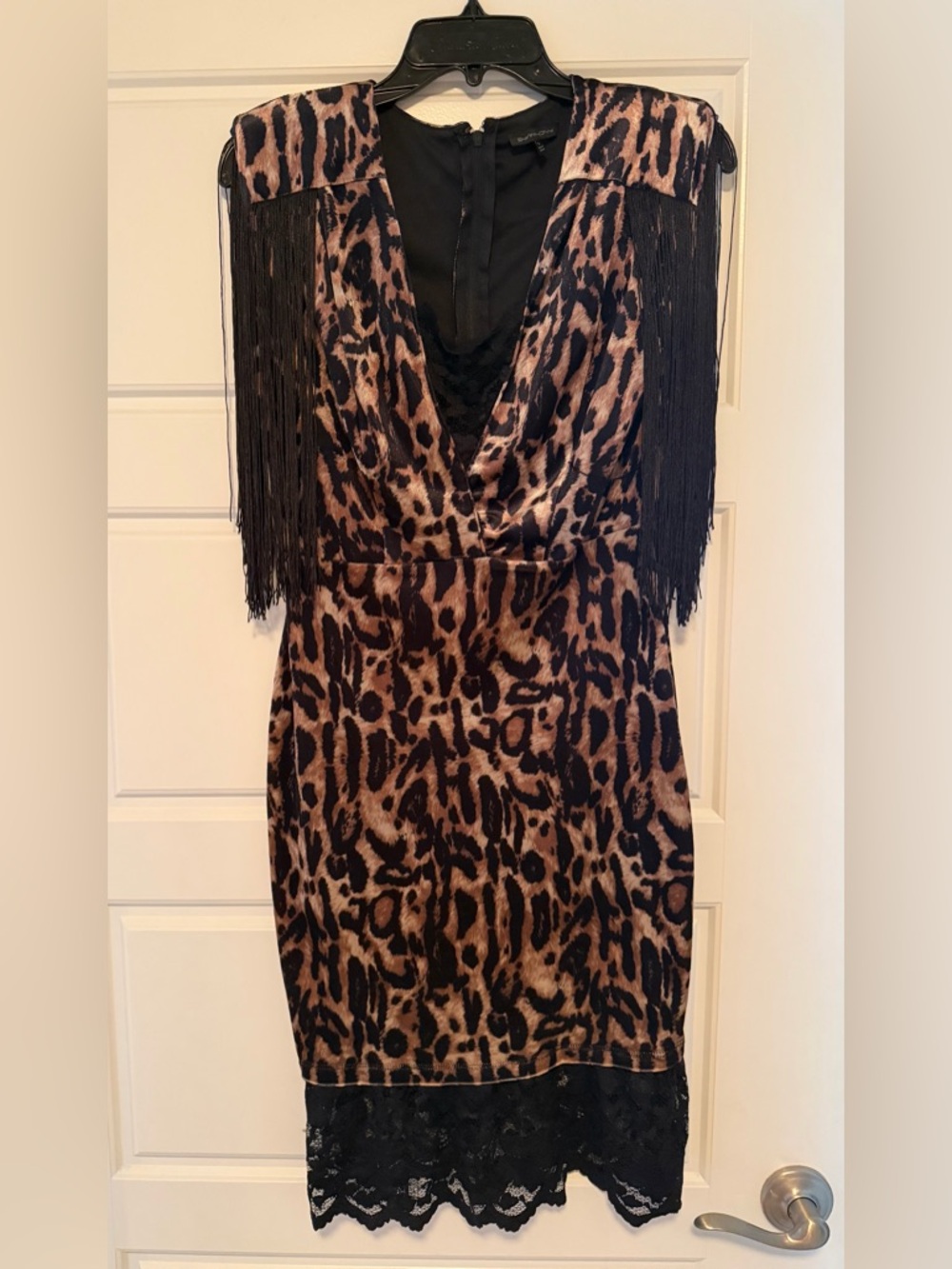 Symphony Leopard-Print One-Shoulder Fringe Dress in Brown and Black